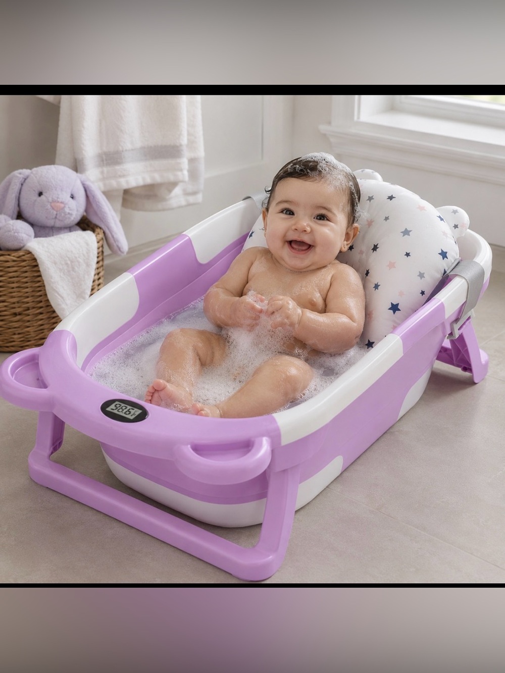 TPN Collapsible Baby Bathtub with Soft Cushion & Real-Time Thermometer,